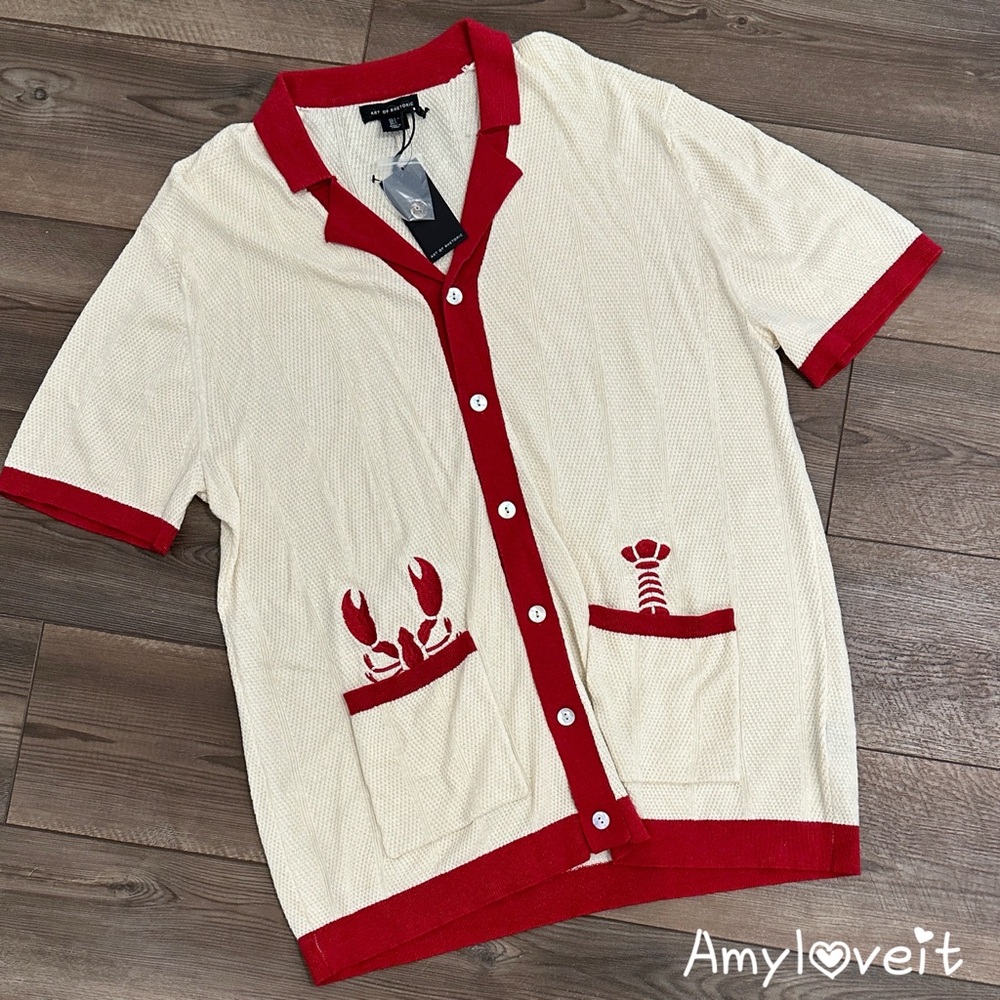 Men's Cream and Red Short-Sleeve Cardigan – Nautical Lobster Detail